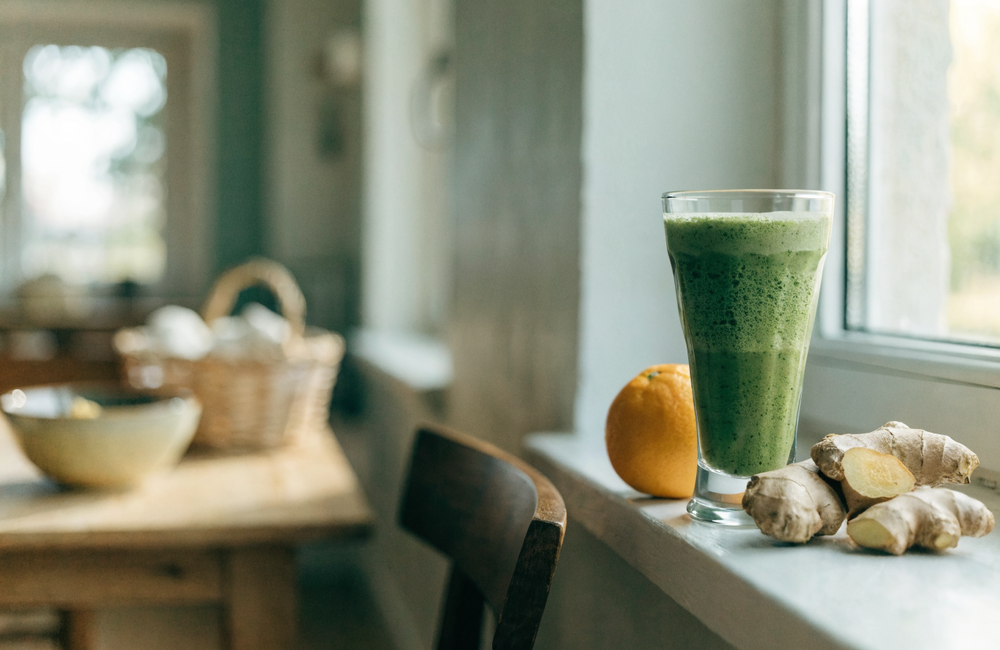 Vers groen sapje met citrus en gember bij een zonnig raam