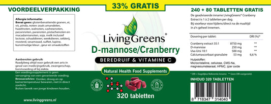 Cranberry met D-Mannose, Vitamine C en Beredruif 240 + 80 tabletten Gratis