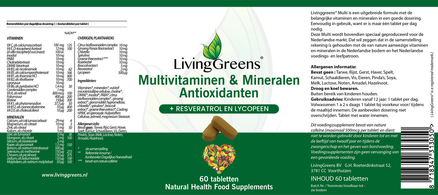 Multivitaminen, Mineralen en Antioxidanten 60 tabletten