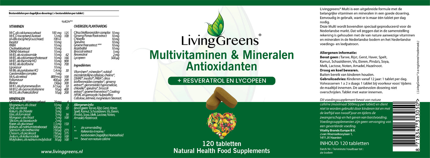 Multivitaminen, Mineralen en Antioxidanten 120 tabletten
