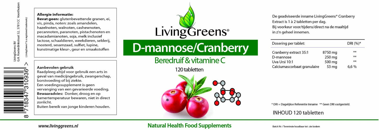 Cranberry met D-Mannose, Vitamine C en Beredruif 120 tabletten