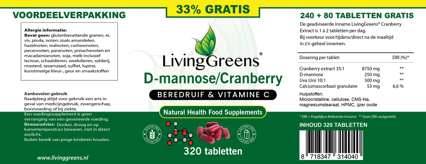 Cranberry met D-Mannose, Vitamine C en Beredruif 240 + 80 tabletten Gratis