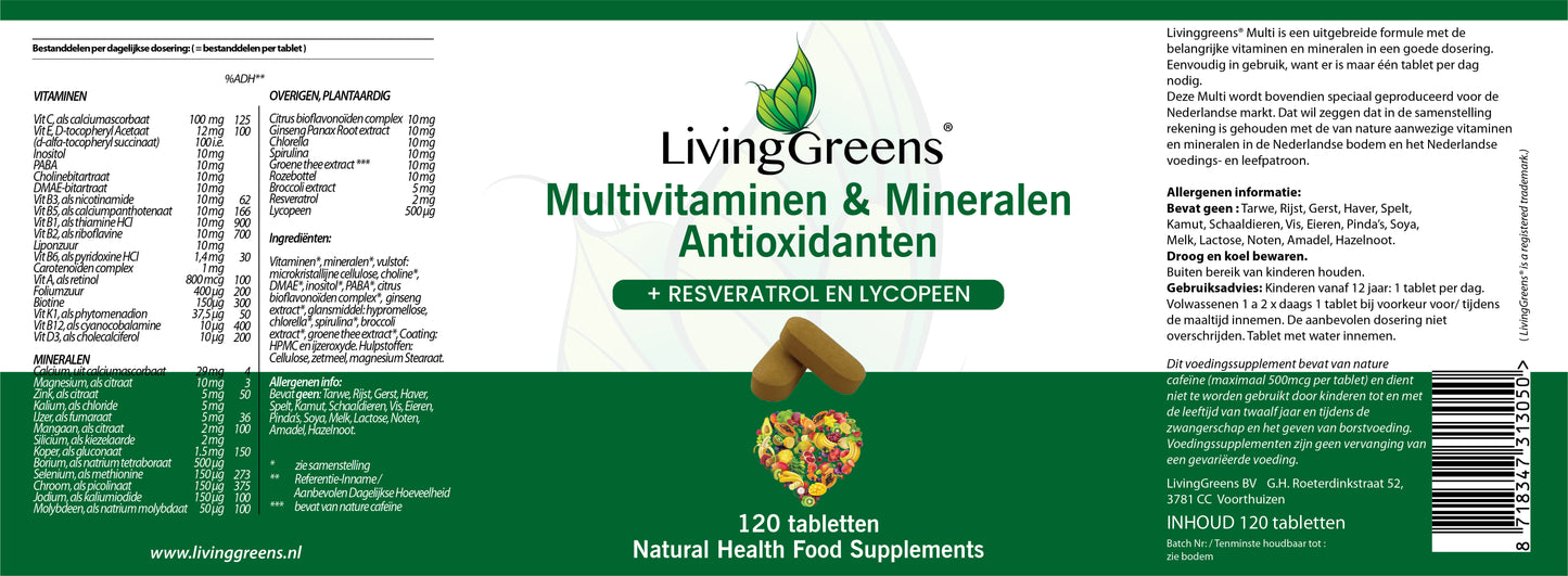 Multivitaminen, Mineralen en Antioxidanten 120 tabletten